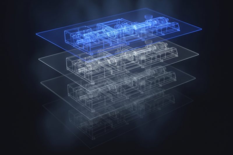 Six holographic wireframe layers of the same machine, stacked in depth and drifting slightly out of alignment