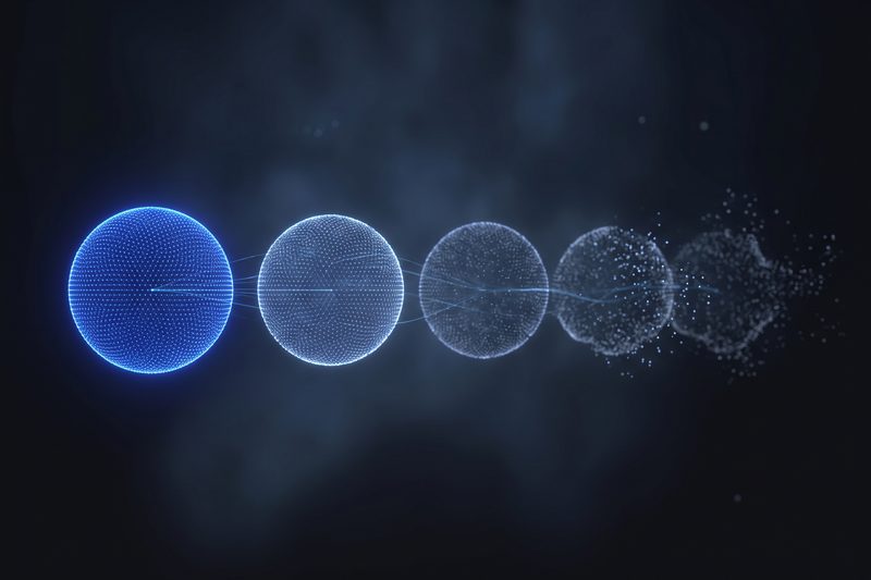 Five spheres of particles, the first dense and cobalt, each one after it looser until the last dissolves